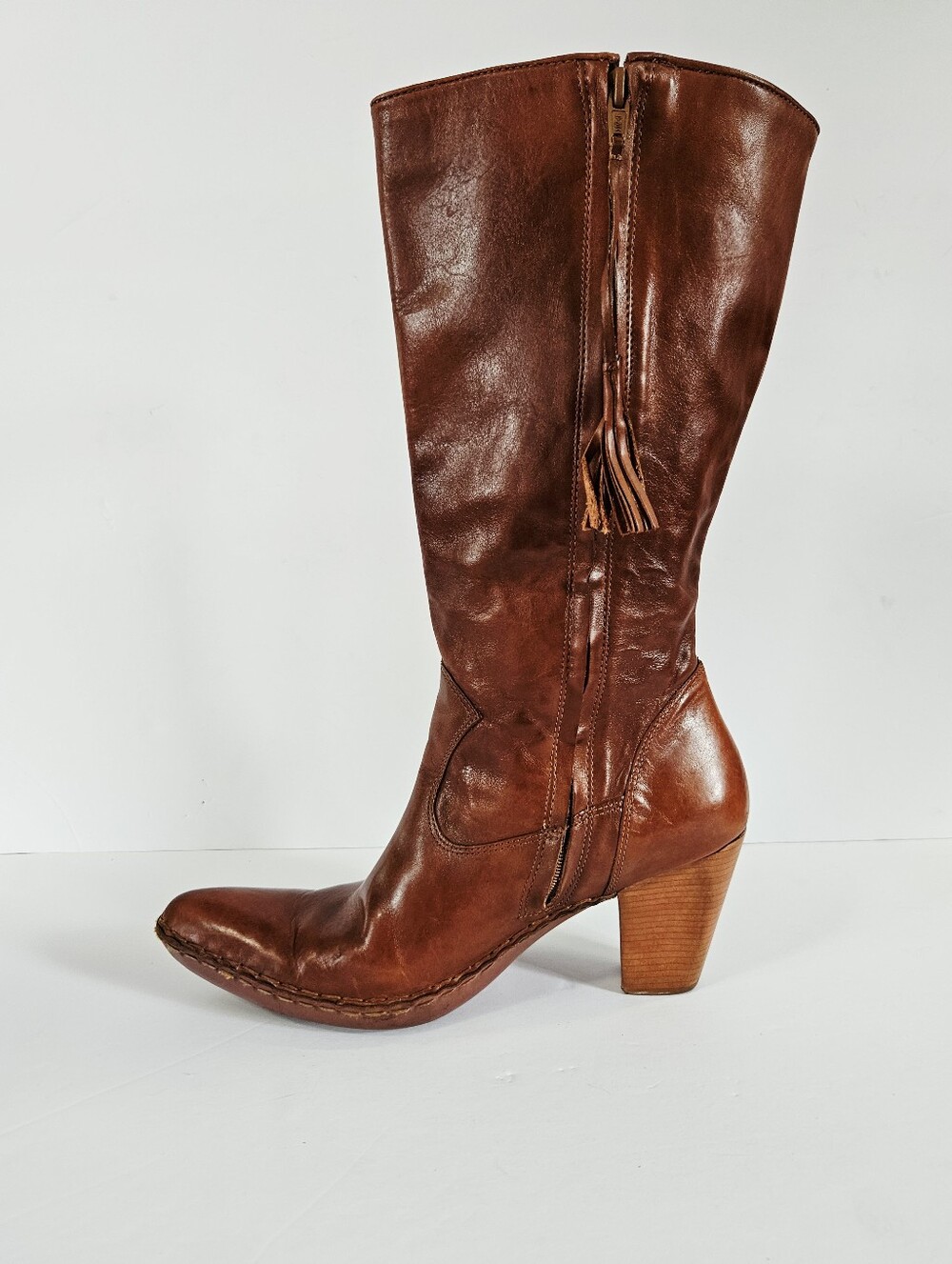 Vintage Frye Phoenix Cognac Brown Leather Stacked Heel Western Cowboy Boots 10 - Picture 3 of 15